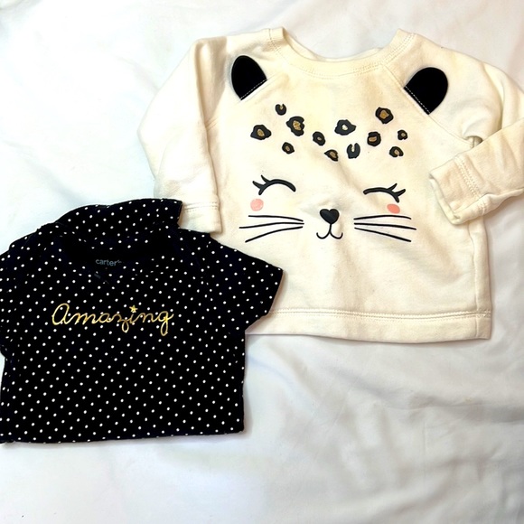 Carter’s Kids Cream Cat Sweatshirt & Black Polkadot Shor Sleeve Bundle Baby Girl - Picture 1 of 5